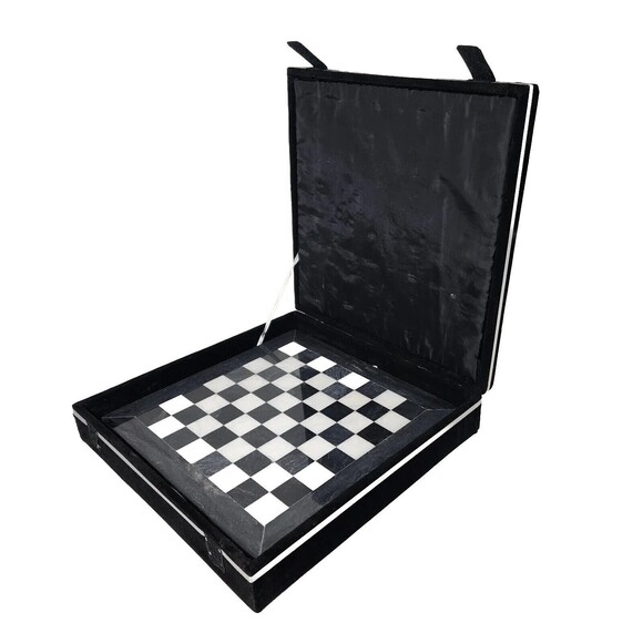 12" Marble Chess Board & Velvet Storage Box Black & White Premium Quality Gift - Picture 1 of 5